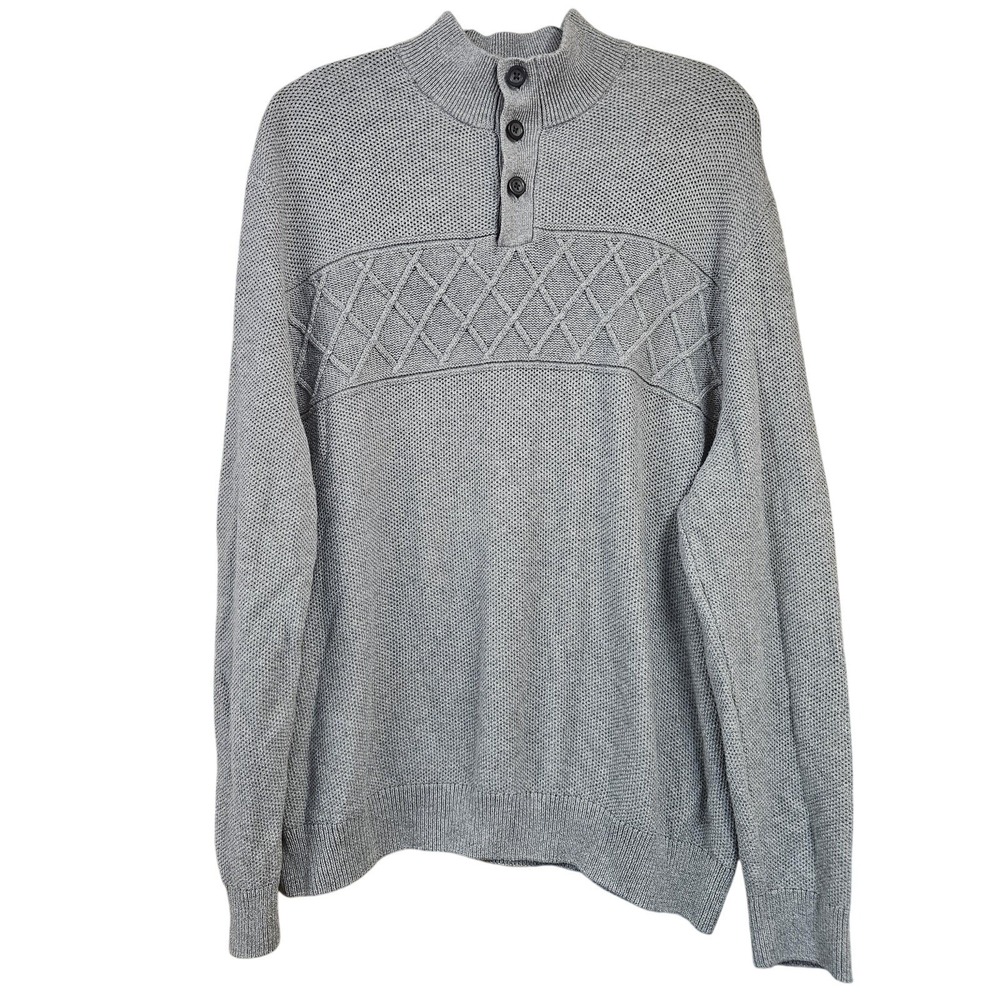 Chaps Sweater Mens 2XLβ Gray Knit Pullover Cotton Mock Neck Button Grandpacore